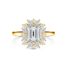 Close-up of a halo engagement ring with a centre diamond surrounded by smaller diamonds, designed by bespoke jewellery designers in Melbourne.