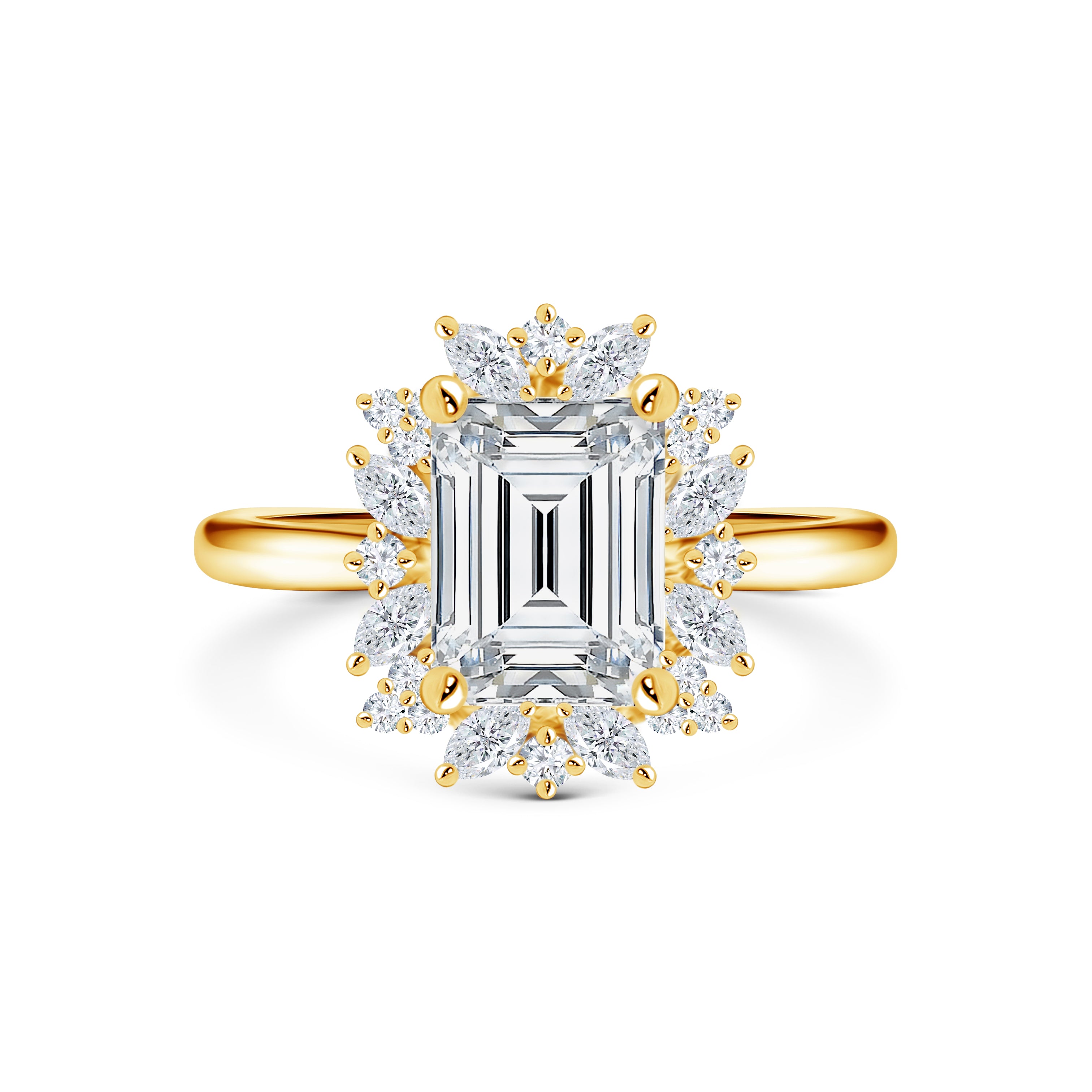 Close-up of a halo engagement ring with a centre diamond surrounded by smaller diamonds, designed by bespoke jewellery designers in Melbourne.