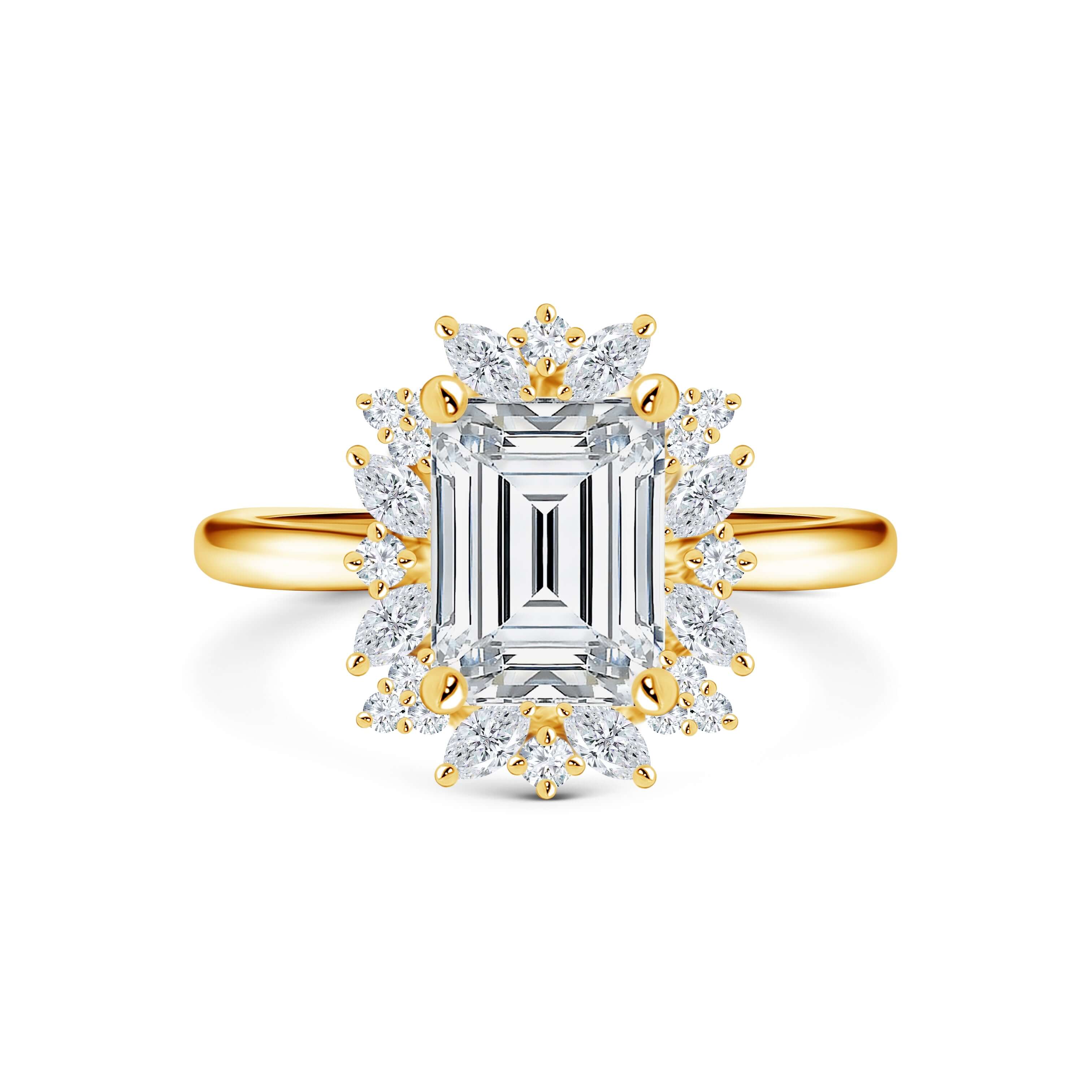 Close-up of a halo engagement ring with a centre diamond surrounded by smaller diamonds, designed by bespoke jewellery designers in Melbourne.