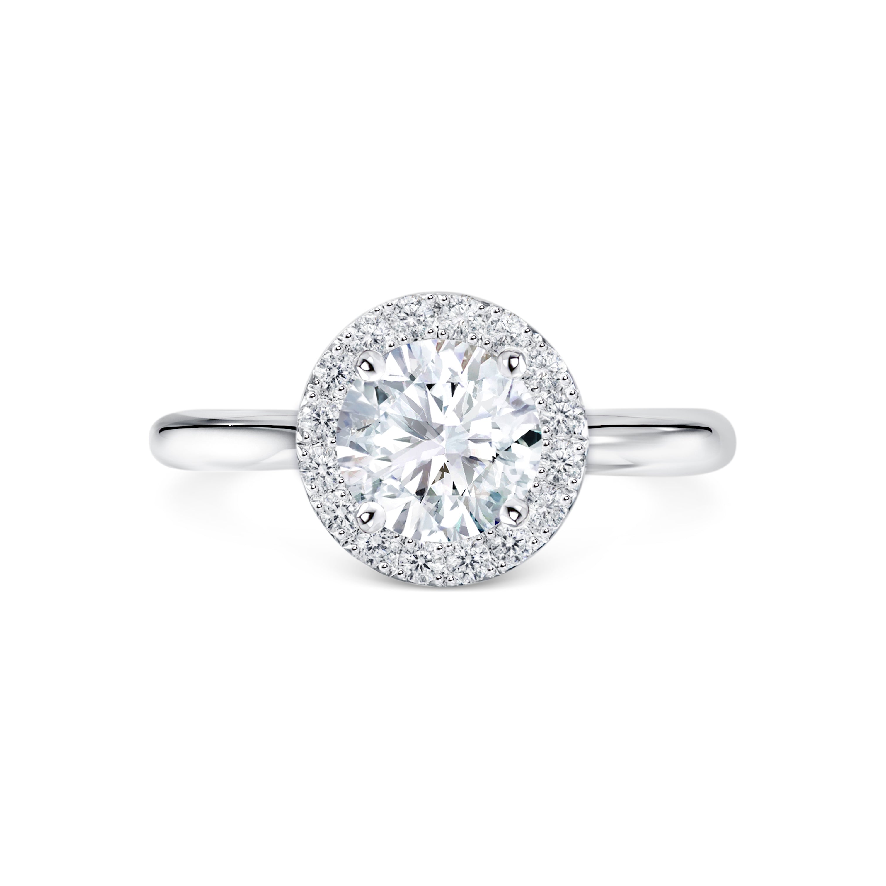 Anetta - Micheli Jewellery, diamond engagement ring with diamond halo and 4 claw setting in white gold. diamond halo engagement ring. round brilliant cut centre stone engagement ring. white gold round diamond engagement ring. diamond halo setting on engagement ring.