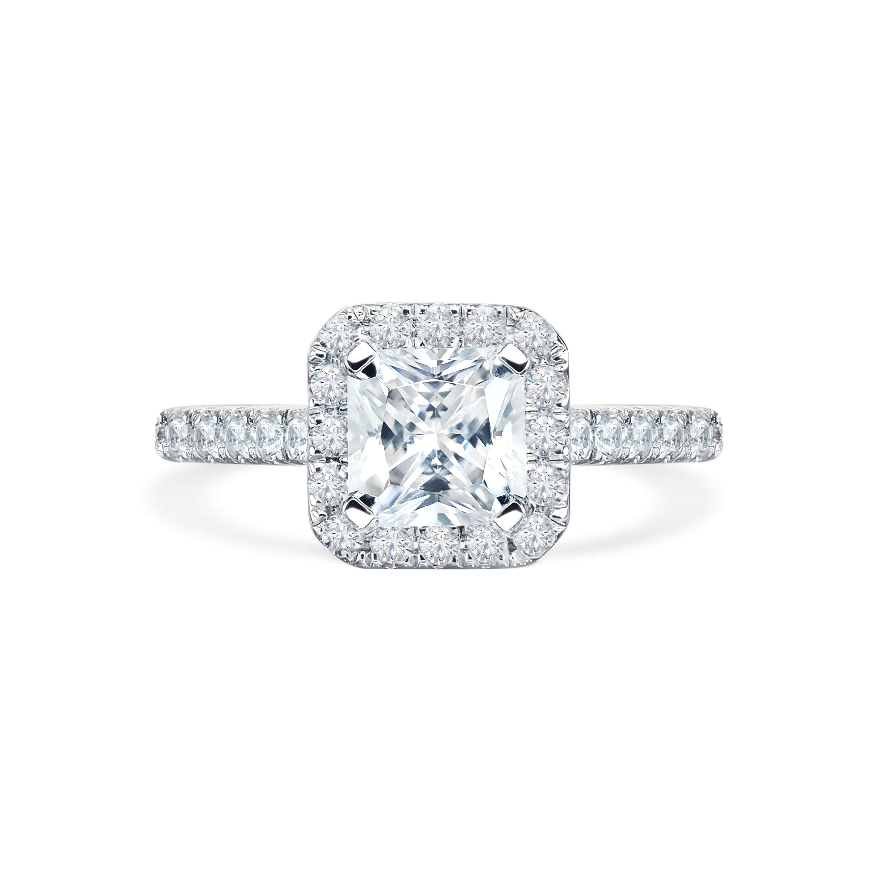 Kayla - Micheli Jewellery, Princess cut engagement ring with diamond halo and diamond band in white gold. White gold engagement ring. Diamond engagement ring. Diamond halo and diamond pave engagement ring. White gold engagement ring. Custom made engagement ring. 4 claw engagement ring. diamond engagement ring.