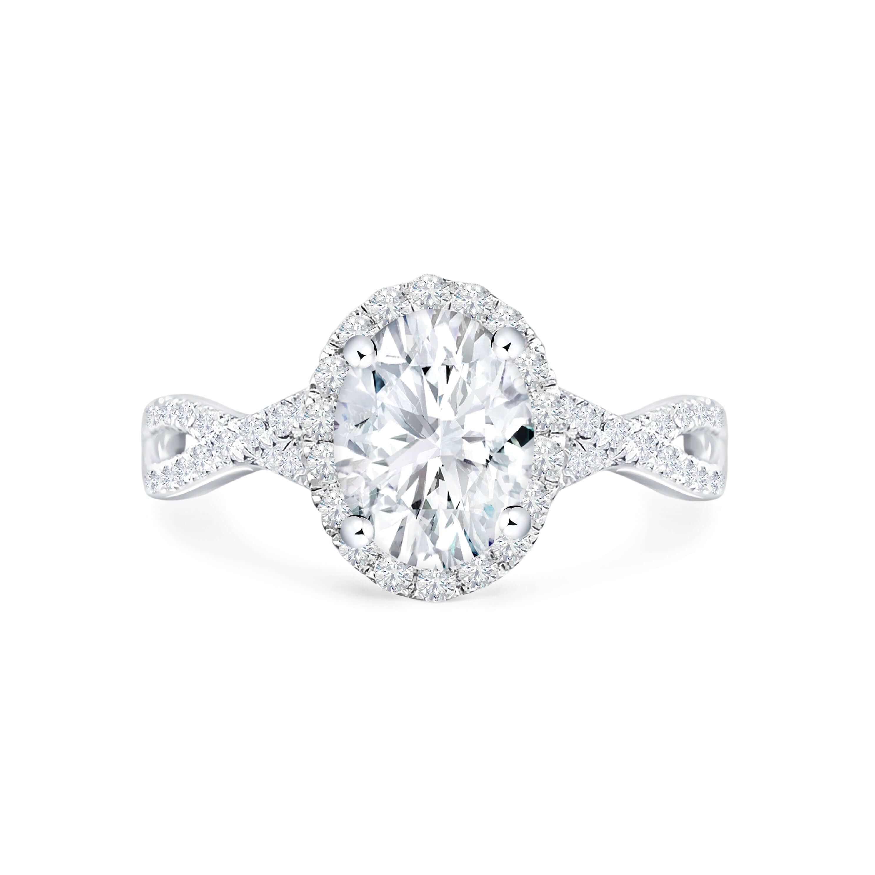 Larsa - Micheli Jewellery, engagement ring in white gold with pave twisted band and oval centre stone. oval cut diamond engagement ring. engagement ring in white gold. diamond engagement ring. ring profile. 4 claw setting on engagement ring. white gold engagement ring.