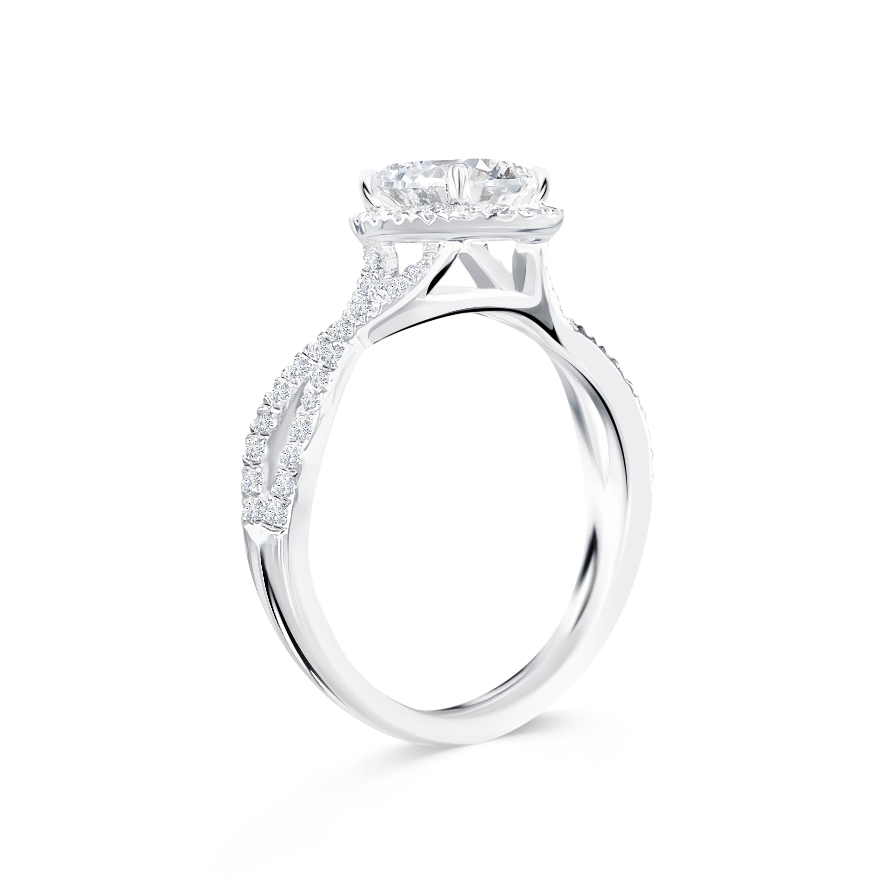 Larsa - Micheli Jewellery, side ring profile. engagement ring side profile, engagement ring in white gold. floating setting on engagement ring side profile. twisted band side profile on engagement ring.