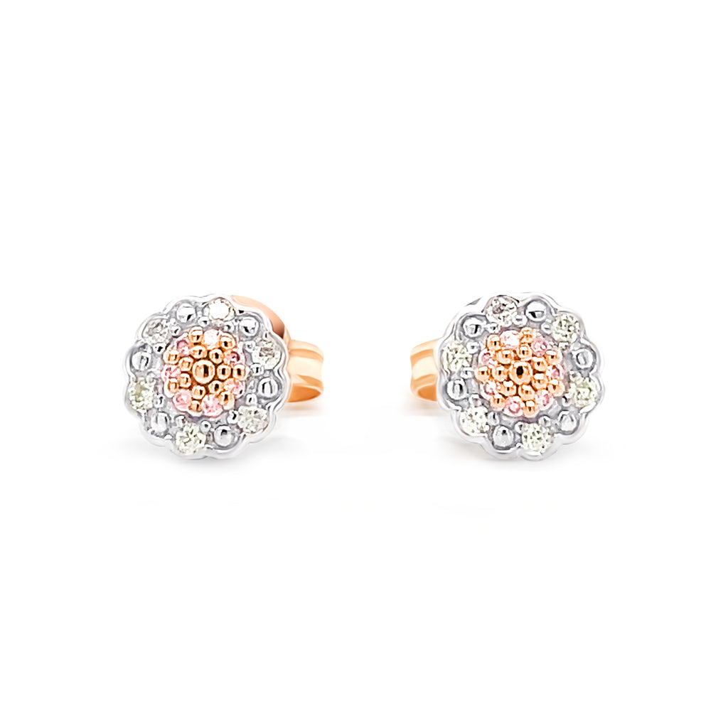 pink and white diamond stud earrings rose gold and white gold