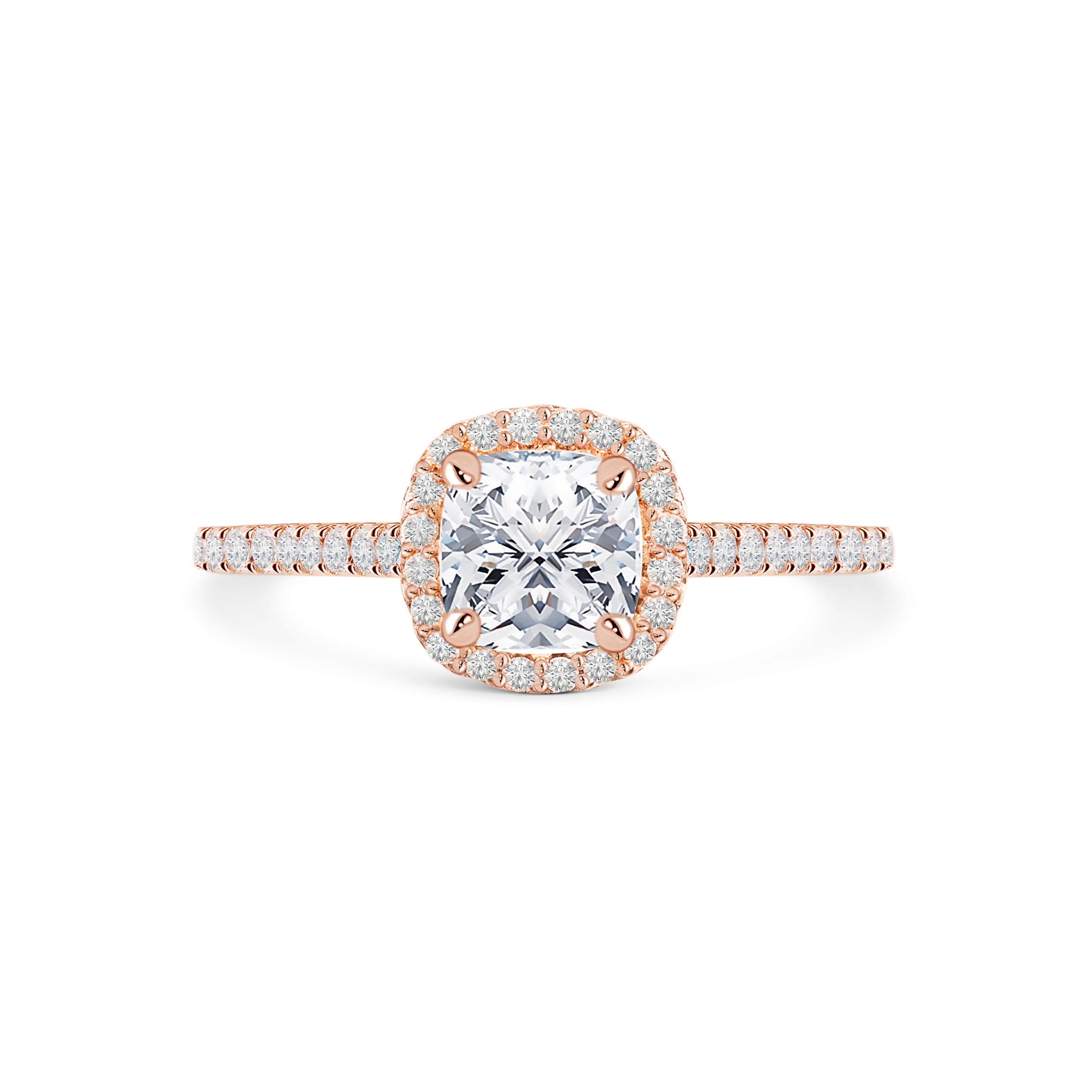 Rebecca - Micheli Jewellery, rose gold engagement ring. engagement ring with diamond halo and diamond band. cushion cut diamond engagement ring. 4 prong 4 claw engagement ring. rose gold engagement ring. ring profile of cushion cut engagement ring.