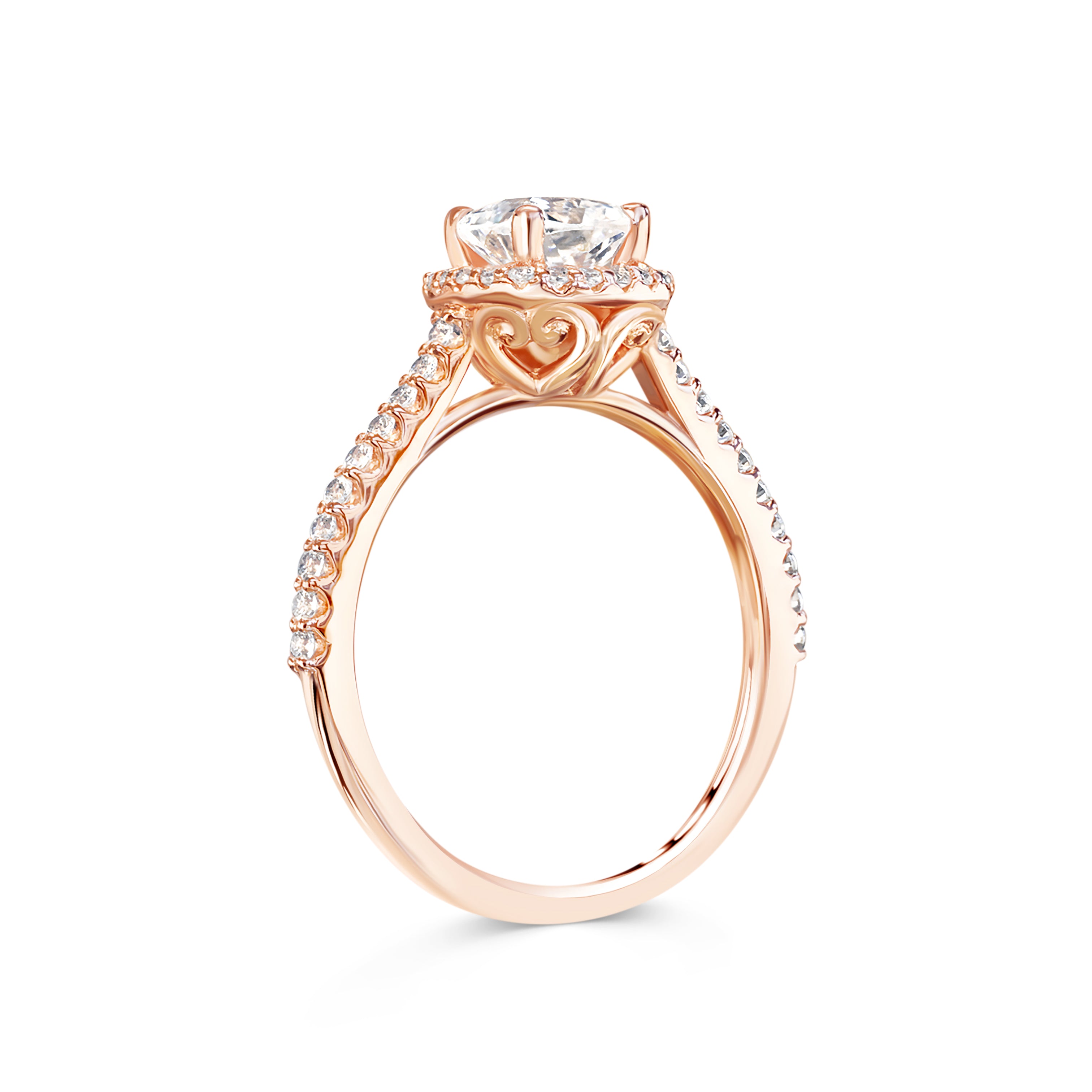 Rebecca - Micheli Jewellery, side ring profile of diamond engagement. engagement ring basket with love hearts. diamond halo and half diamond band engagement ring in rose gold. engagement ring with swept up shoulders. 4 claw setting on engagement ring.
