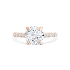 Rose - Micheli Jewellery, Rose Gold Engagement Ring with Round Brilliant Cut Centre Stone in a 4 claw setting and Diamond Pave Band. Rose gold engagement ring. Ring profile. Diamond round engagement ring.