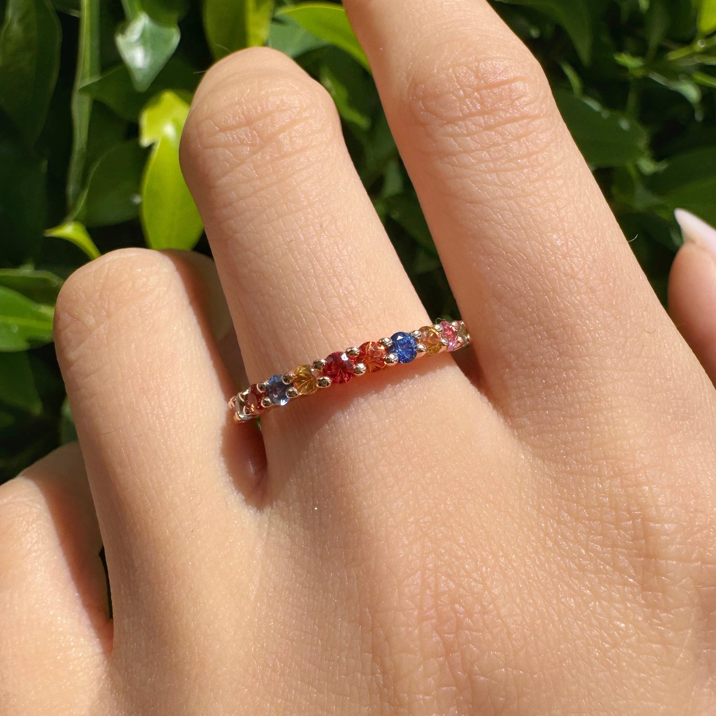 Rainbow Multicoloured Sapphire Half eternity ring from Micheli Jewellery, Melbourne, Australia.