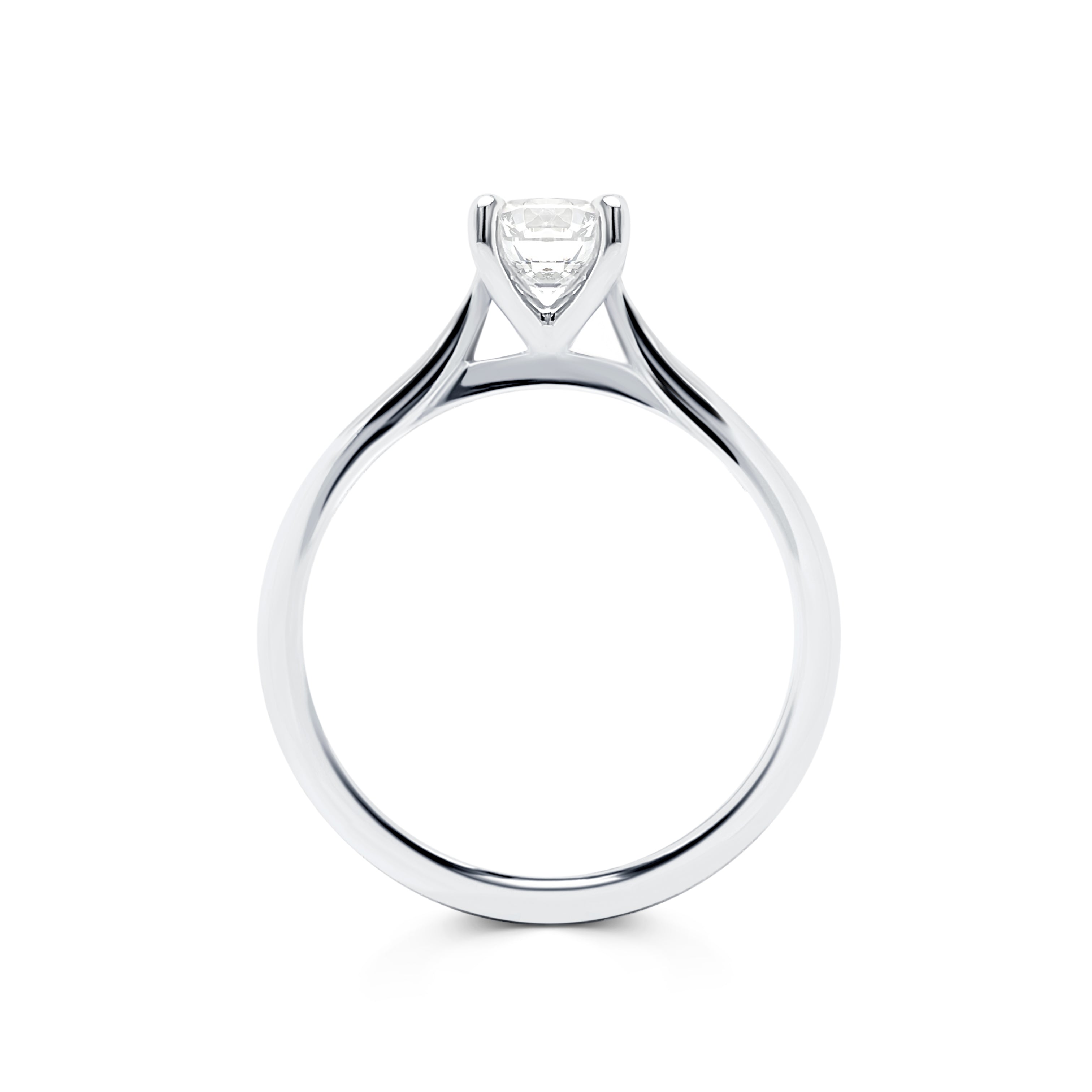 Gabriella - Micheli Jewellery. White gold engagement ring side profile. Solitaire emerald cut engagement ring in white gold side profile. Engagement ring with swept up shoulders side profile. Custom made engagement ring Melbourne. Melbourne, Australia.