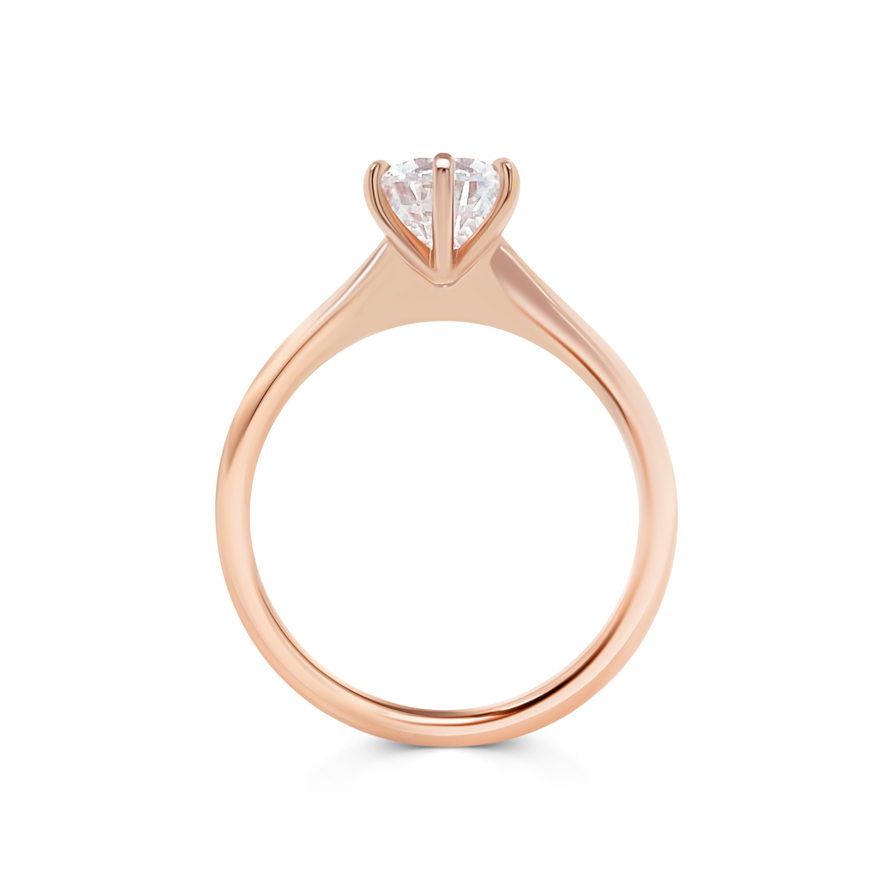 Lucia - Micheli Jewellery, rose gold diamond engagement ring. simple band engagement ring in rose gold. 6 claw engagement ring setting. rose gold simple engagement ring. pink gold engagement ring. rbc diamond side profile engagement ring. side profile of solitaire engagement ring in rose gold with 6 claws.