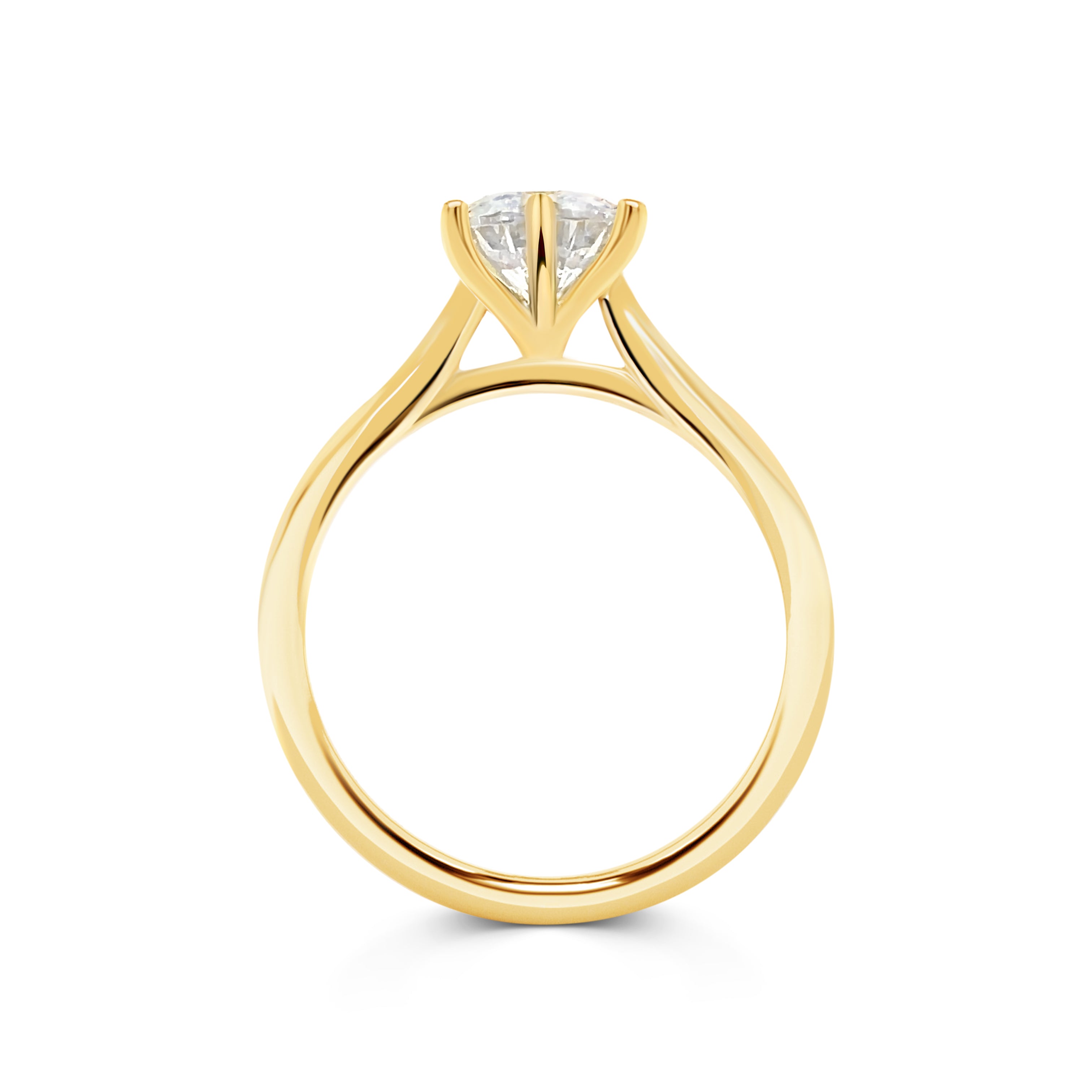 Ariana - Micheli Jewellery, Solitaire engagement ring side profile with swept up shoulders and 6 claw setting. yellow gold diamond engagement ring side profile.