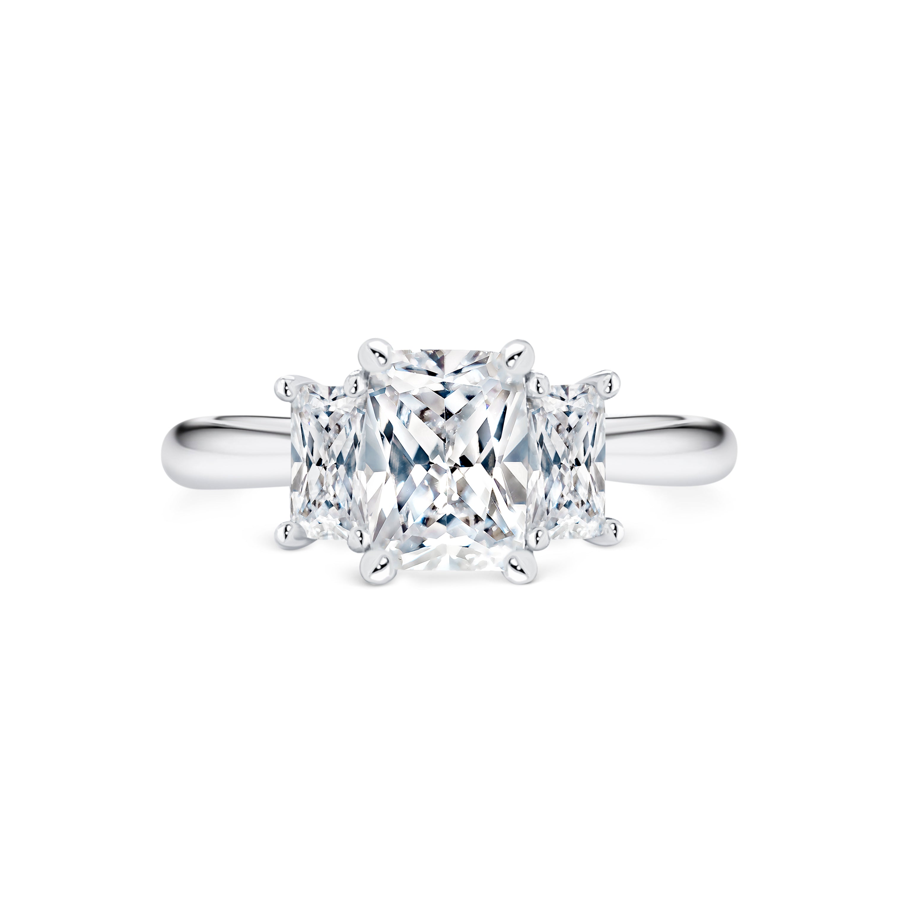 Custom Engagement Trilogy Ring in 18K white gold with 3 Elongated cushion stones from Micheli Jewellery Melbourne