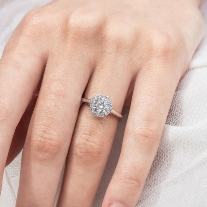 Anetta - Micheli Jewellery, diamond halo round brilliant cut diamond engagement ring in white gold. white gold engagement ring. diamond engagement ring modelled on the hand. diamond ring engagement ring staged on hand.
