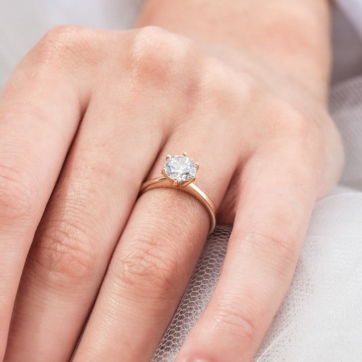 Micheli Jewellery round brilliant cut solitaire diamond engagement ring in yellow gold band worn on hand, round brilliant cut diamond solitaire on hand. rbc solitaire engagement ring modelled on hand.