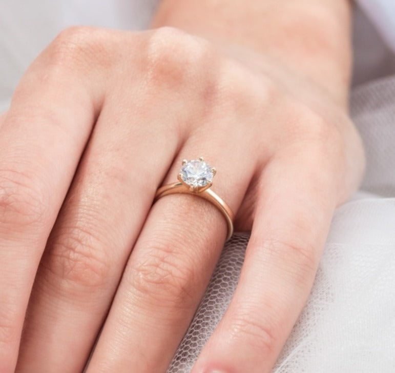 Micheli Jewellery round brilliant cut solitaire diamond engagement ring in yellow gold band worn on hand, round brilliant cut diamond solitaire on hand. rbc solitaire engagement ring modelled on hand.