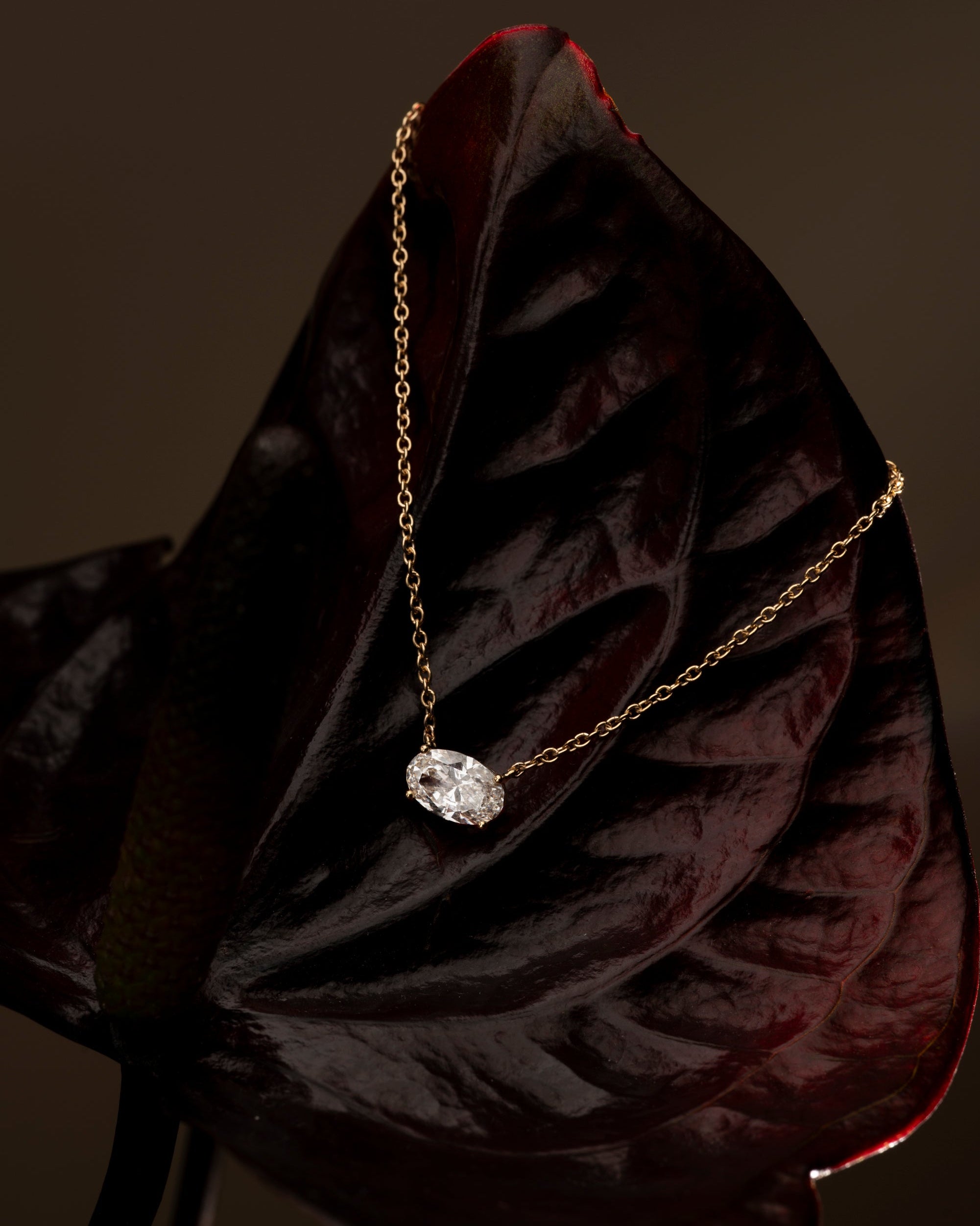 Gold necklace with a diamond pendant on a dark leaf against a dark background
