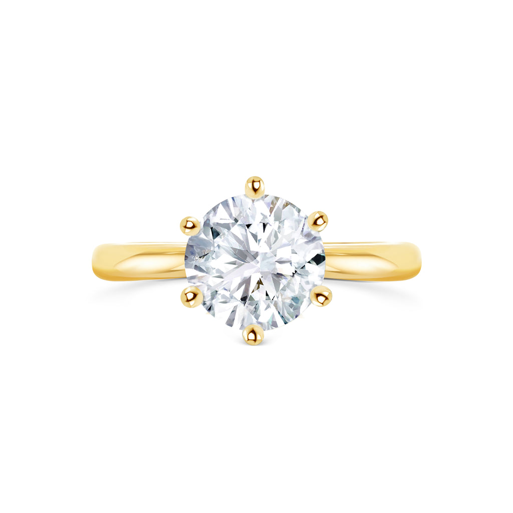 Micheli Jewellery round brilliant cut solitaire diamond engagement ring in yellow gold band. yellow gold solitaire engagement ring with 6 claws. ring profile of round brilliant cut diamond solitaire engagement ring. yellow gold solitaire diamond ring. 