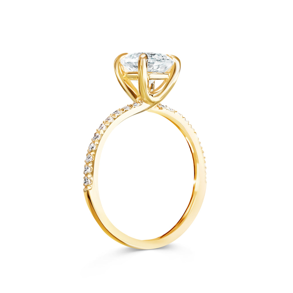 Rose - Micheli Jewellery. Yellow gold round brilliant cut diamond ring with pave diamond band and 4 claw setting. Ring profile. Side on photo. Yellow gold engagement ring. Round Diamond. Diamond ring. 