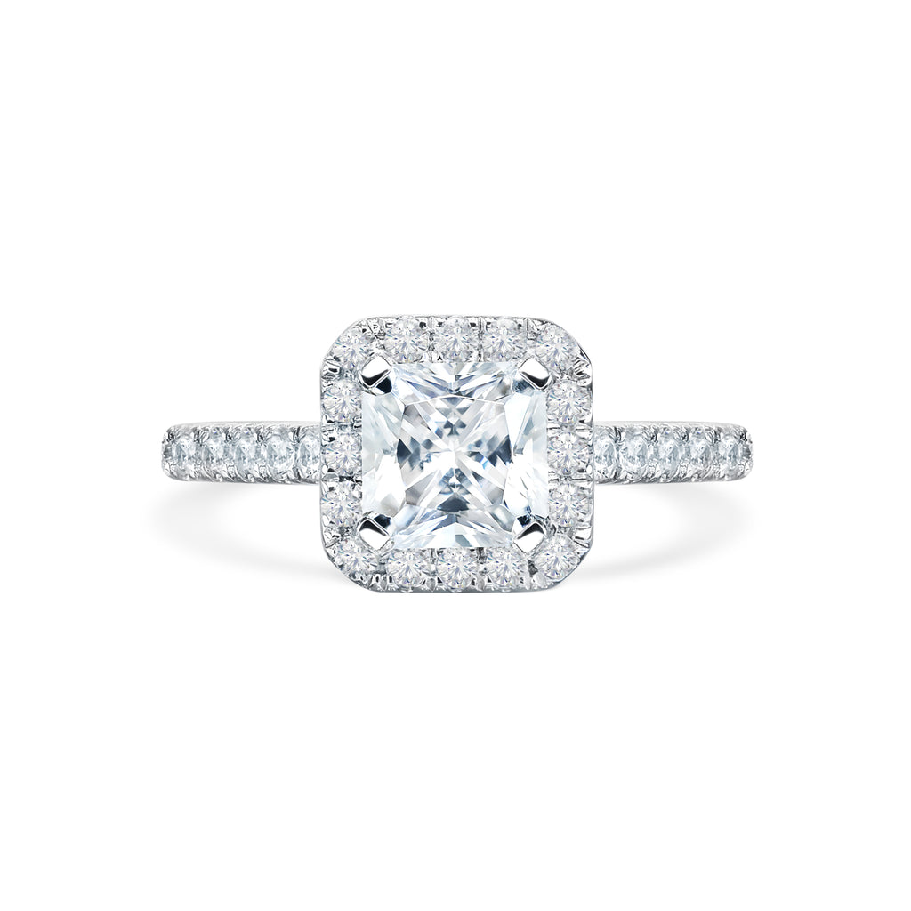 Kayla - Micheli Jewellery, Princess cut engagement ring with diamond halo and diamond band in white gold. White gold engagement ring. Diamond engagement ring. Diamond halo and diamond pave engagement ring. White gold engagement ring. Custom made engagement ring. 4 claw engagement ring. diamond engagement ring.