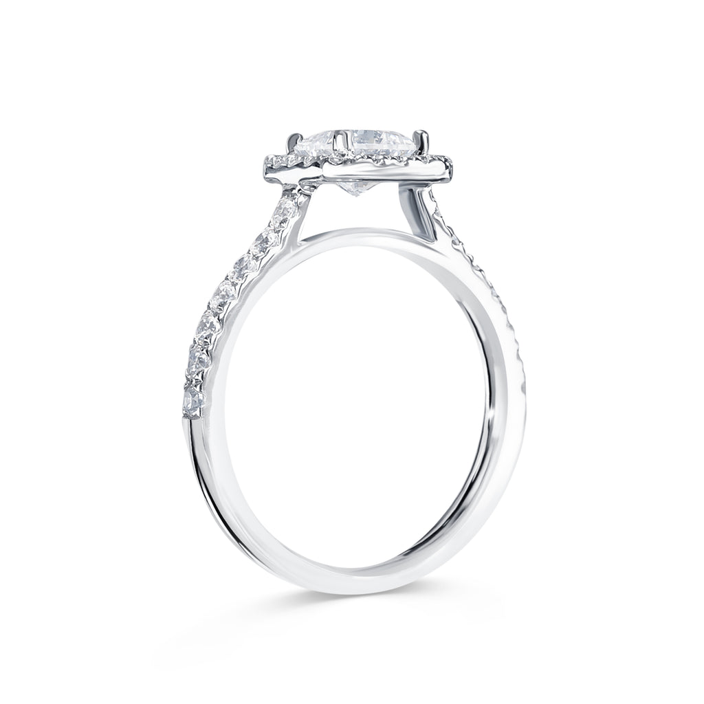 Kayla - Micheli Jewellery. white gold engagement ring with diamond pave band and swept up shoulders. engagement ring with floating setting. engagement ring with princess cut diamond as centre stone. ring profile. engagement ring profile. engagement ring side on. 