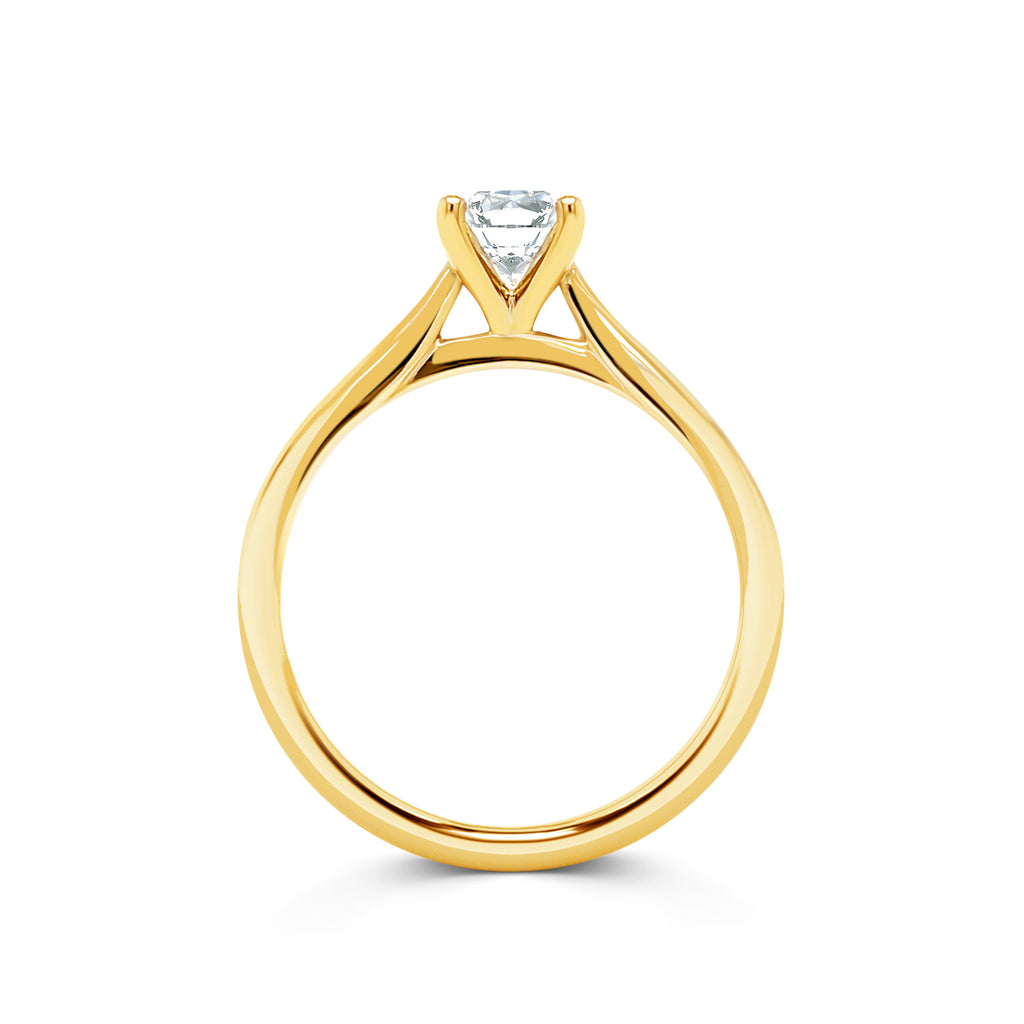 Sophia - Micheli Jewellery. Yellow gold engagement ring side profile. Side profile oval engagement ring with swept up shoulders and oval diamond. Solitaire engagement ring side profile. Yellow gold engagement ring side profile. Custom made engagement ring melbourne. Melbourne, Australia. 