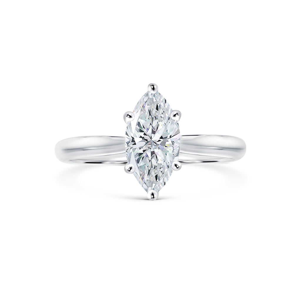 Elena - Micheli Jewellery. Marquise cut diamond white gold solitaire engagement ring. 6 prong white gold engagement ring. Melbourne, Victoria. 