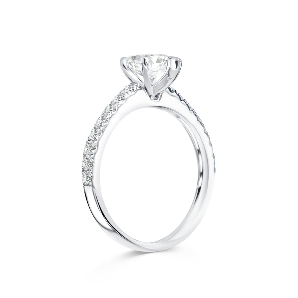 Moniqua - Micheli Jewellery, side profile of marquise white gold engagement ring with 6 claw setting and diamond band. marquise diamond ring in white gold side profile. custom made diamond engagement ring melbourne. 