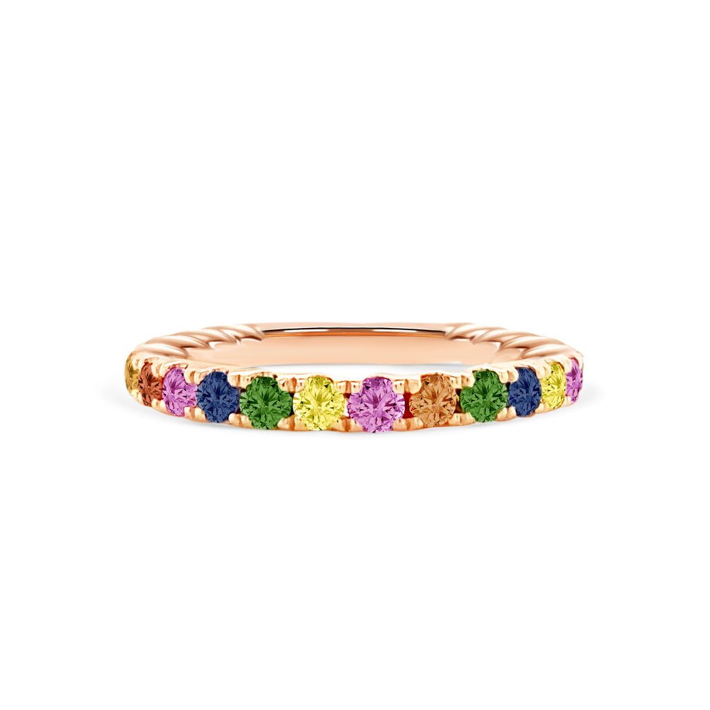 Rainbow sapphire multicoloured ring in rose gold from Micheli Jewellery, Melbourne, Australia. 