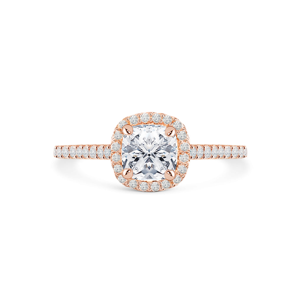 Rebecca - Micheli Jewellery, rose gold engagement ring. engagement ring with diamond halo and diamond band. cushion cut diamond engagement ring. 4 prong 4 claw engagement ring. rose gold engagement ring. ring profile of cushion cut engagement ring. 