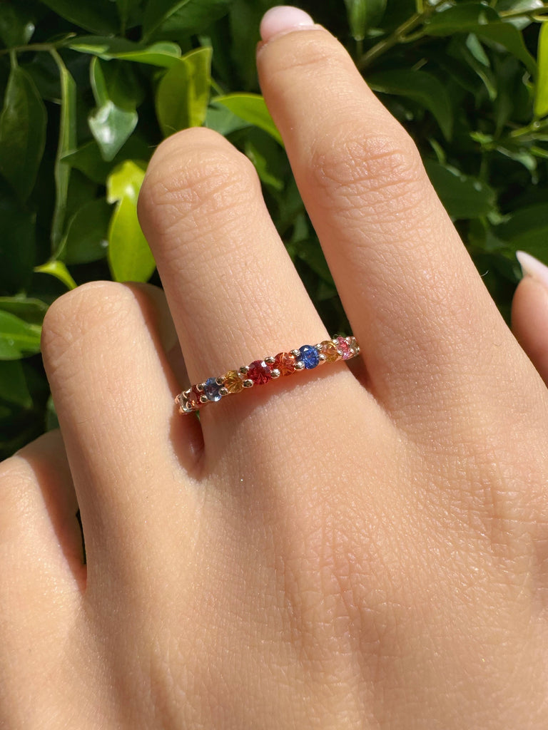 Rainbow Multicoloured Sapphire Half eternity ring from Micheli Jewellery, Melbourne, Australia.