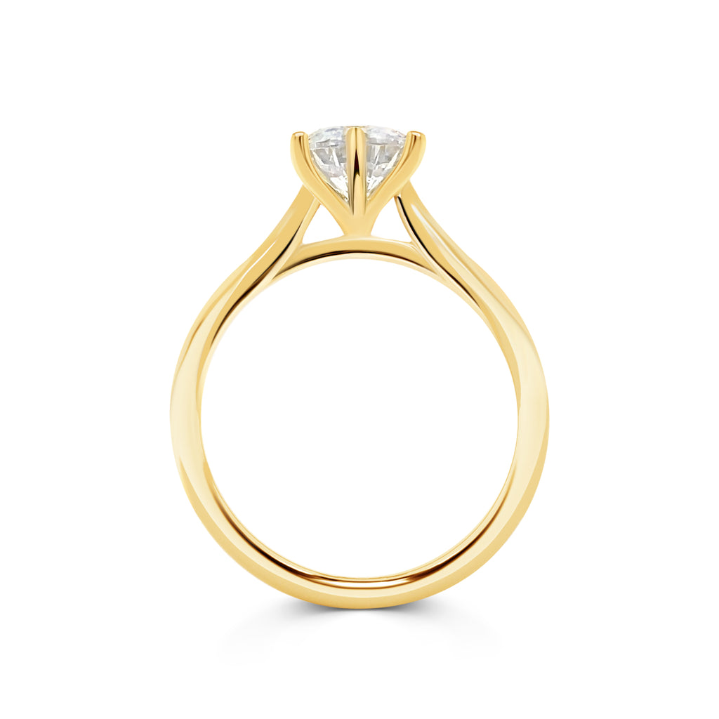 Ariana - Micheli Jewellery, Solitaire engagement ring side profile with swept up shoulders and 6 claw setting. yellow gold diamond engagement ring side profile. 