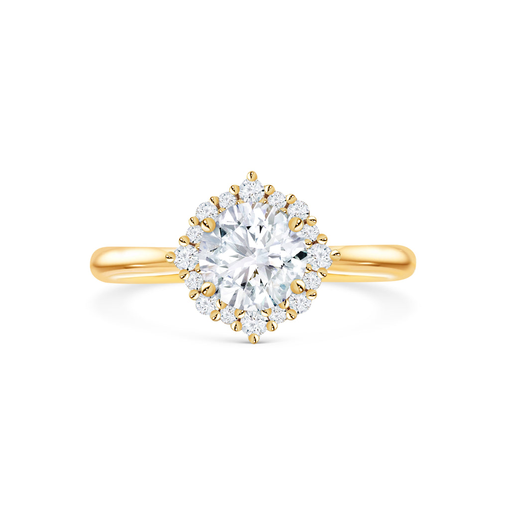 Micheli Jewellery | Custom Engagement Rings & Fine Jewellery | Round Brilliant cut diamond with a flower setting Halo set in 18K yellow gold
