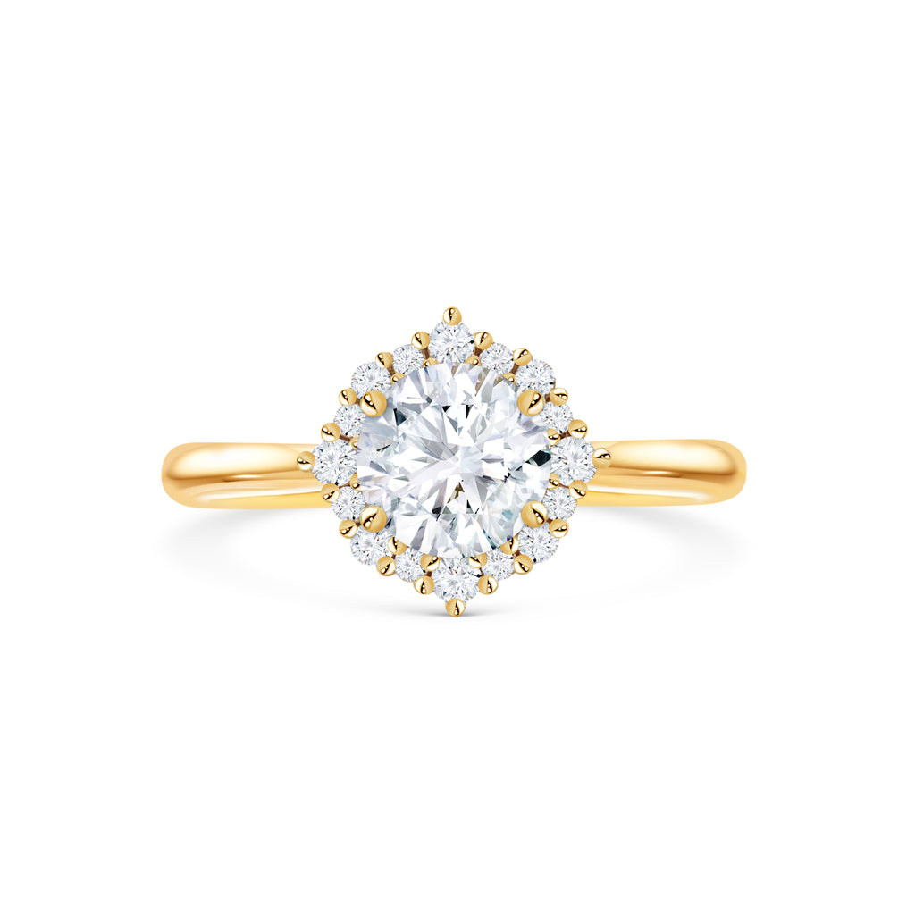 Micheli Jewellery | Custom Engagement Rings & Fine Jewellery | Round Brilliant cut diamond with a flower setting Halo set in 18K yellow gold