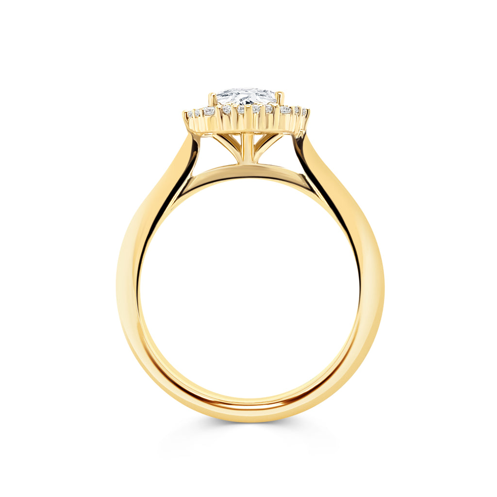 Micheli Jewellery | Custom Engagement Rings & Fine Jewellery | Round Brilliant cut diamond with a flower setting Halo set in 18K yellow gold